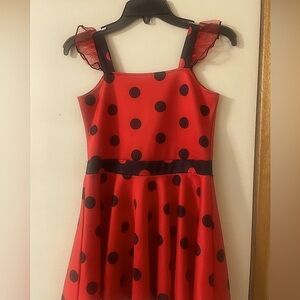 Child’s Red & Black Polka Dot Fairy Lace Ruffled Sleeves & Bold Waist Band Dress